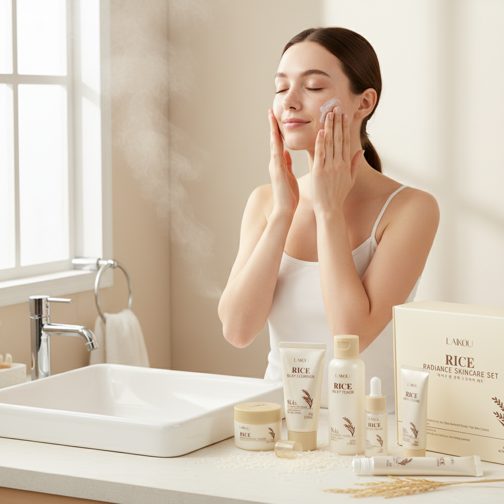 Ensemble de soins pour la peau, éclat du riz, hydrate, raffermissant, estompe les ridules, nettoyant lisse, Toner, sérum, crème pour les yeux, ensemble de crème à l'essence